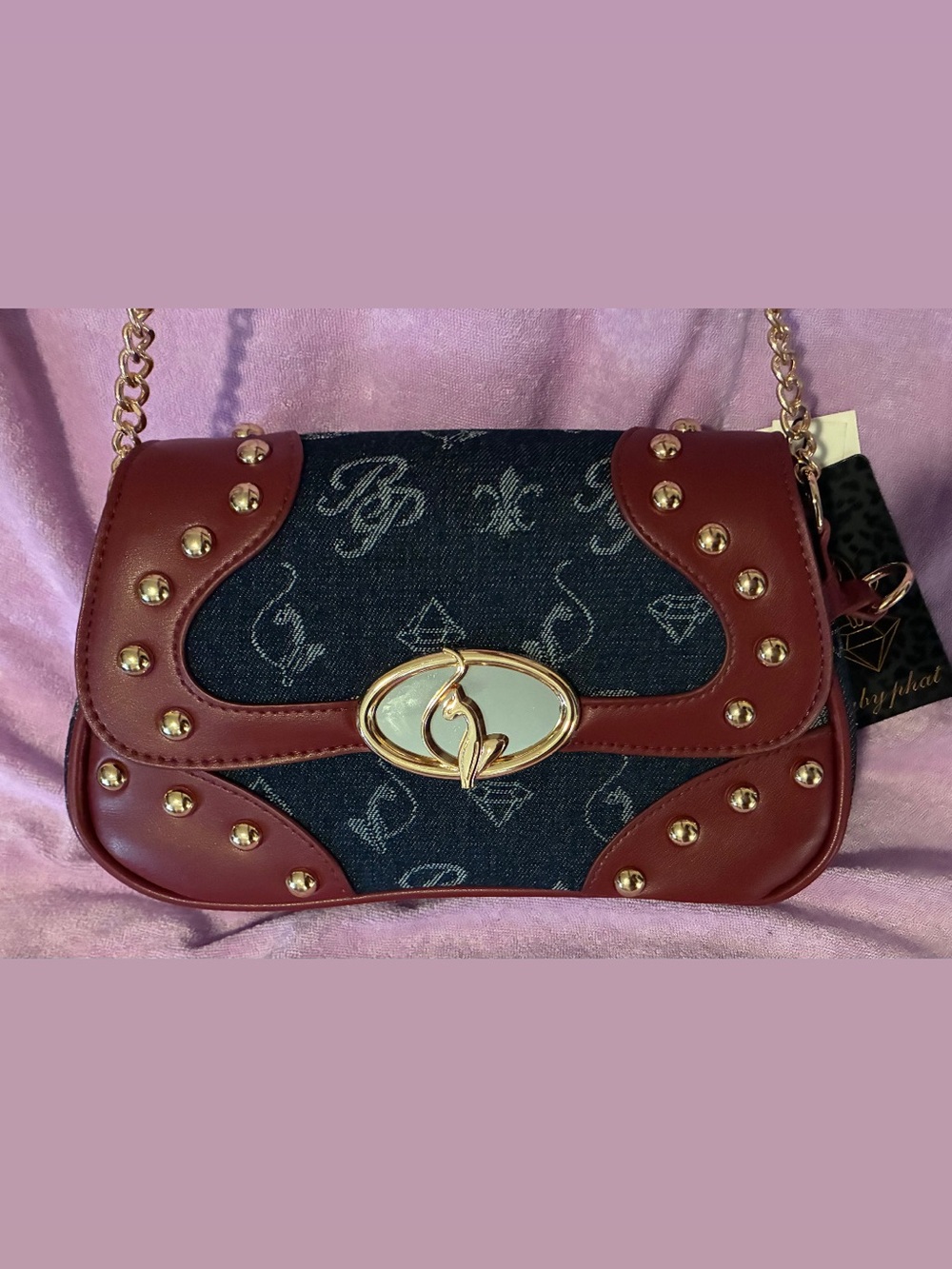 Baby Phat Burgundy and Denim Studded Chain Shoulder Bag